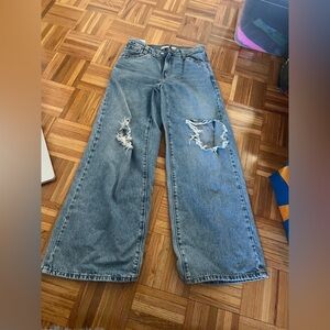 Stylish Distressed Wide Leg Blue Jeans